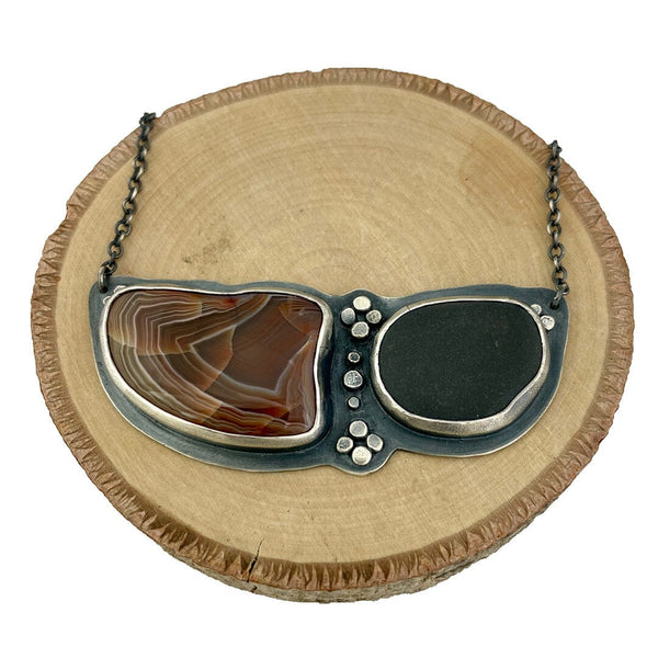 Lake Superior Agate found the basalt in Grand Marais, MN. Set in oxidized fine and sterling silver