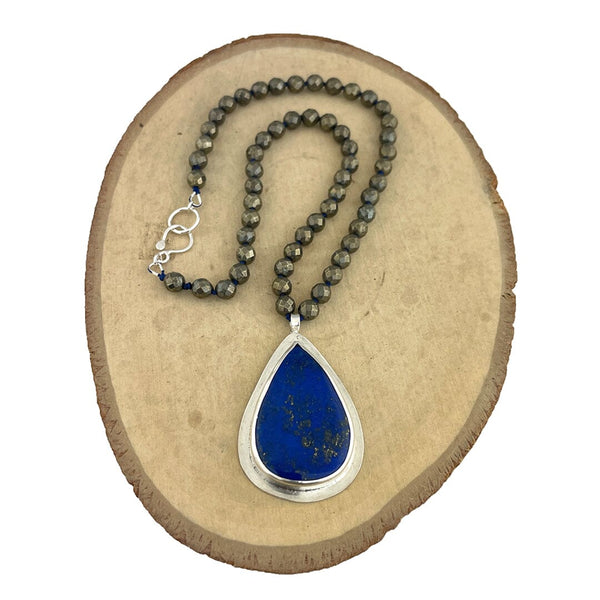 Pendentif Main En Argent 925 Avec Pyrite Et Lapis Lazuli – 2,75 Pouces – Fait Main Unique !