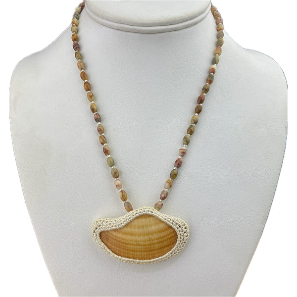 Shell with Crocheted Bezel Necklace Necklaces Vikse Designs 