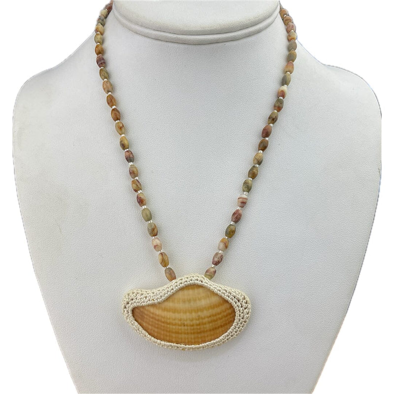 Shell with Crocheted Bezel Necklace Necklaces Vikse Designs 