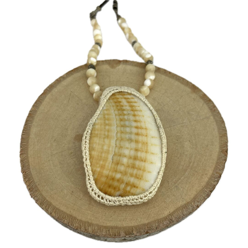 Shell with Crocheted Bezel Necklace Necklaces Vikse Designs 