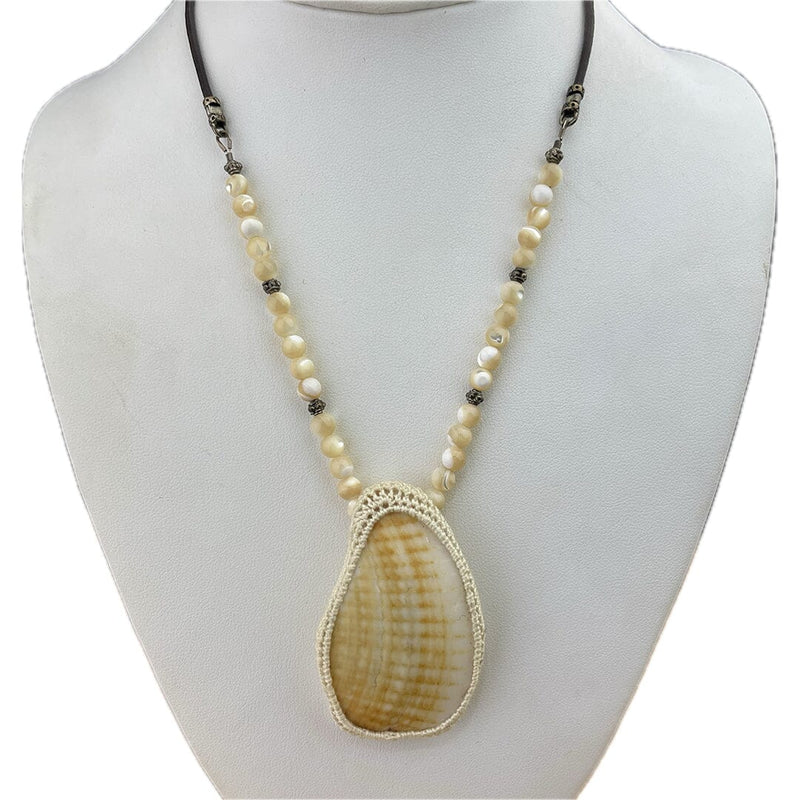 Shell with Crocheted Bezel Necklace Necklaces Vikse Designs 