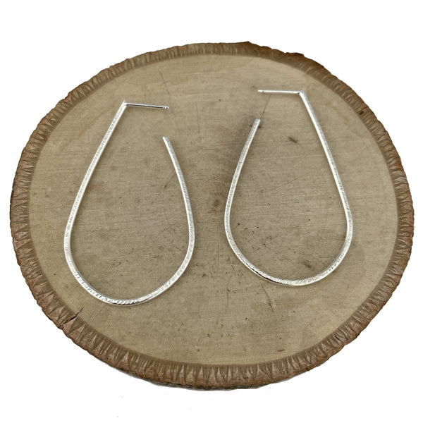 Medium Teardrop Hoop with Lines Texture Silver Earrings Vikse Designs 