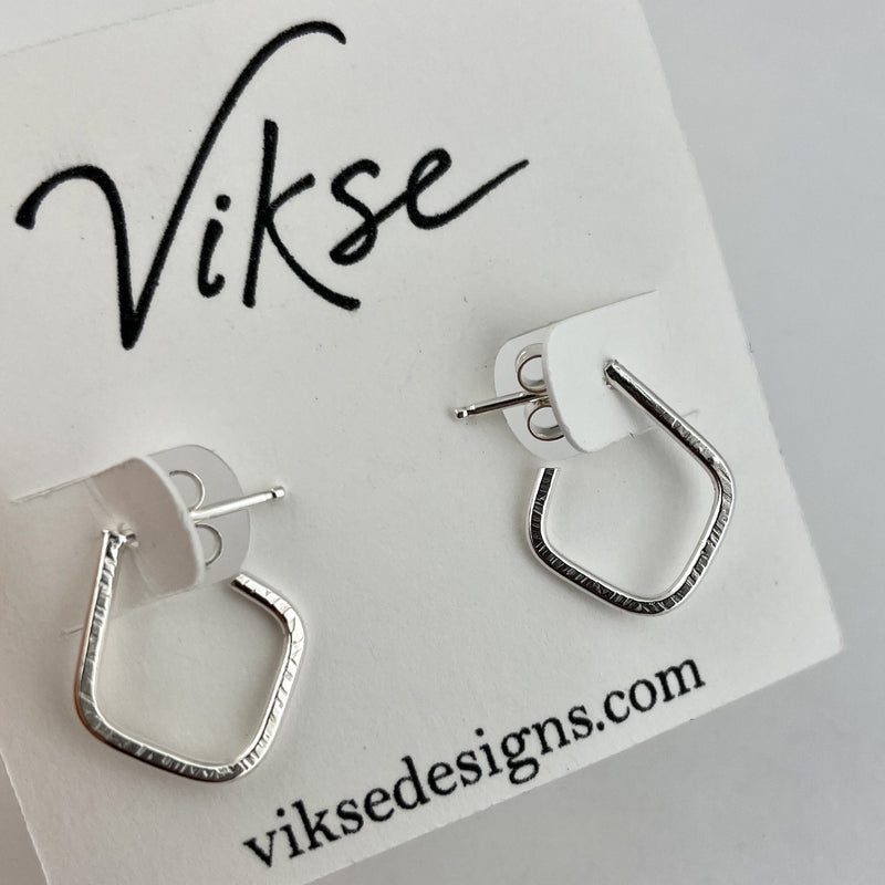 Tiny Pointy Hoops with Lines Texture Silver Earrings Vikse Designs 
